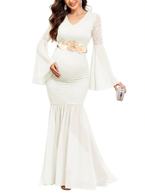 Dresses & Skirts - AISWI Medium Maternity Dress Long Bell Sleeve Lace Mermaid Pregnancy White